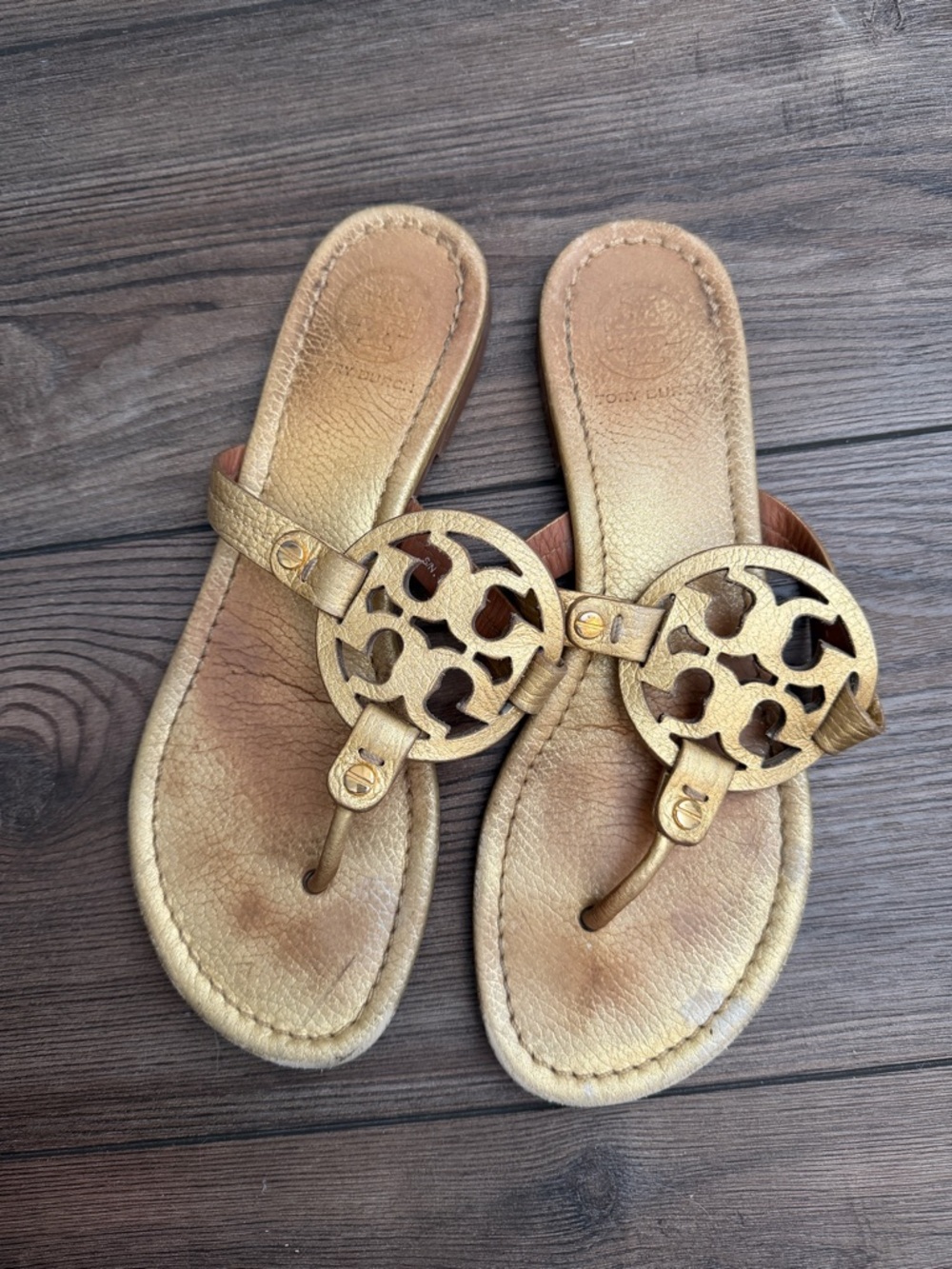 Tory Burch Metallic Gold Logo Thong Sandals